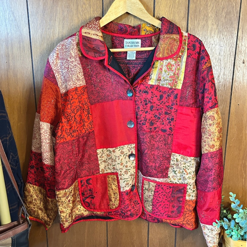 Vintage Tantrums Collection 100% Silk Patchwork Jacket‎ Bohemian Coat Size L